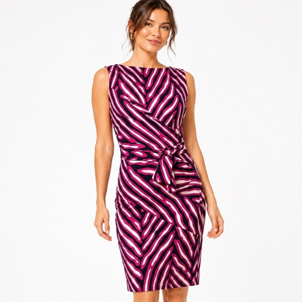 Diane von Furstenberg Silk Zebra Faux Midi Wrap Dress Pink Black Womens‎ Size 2